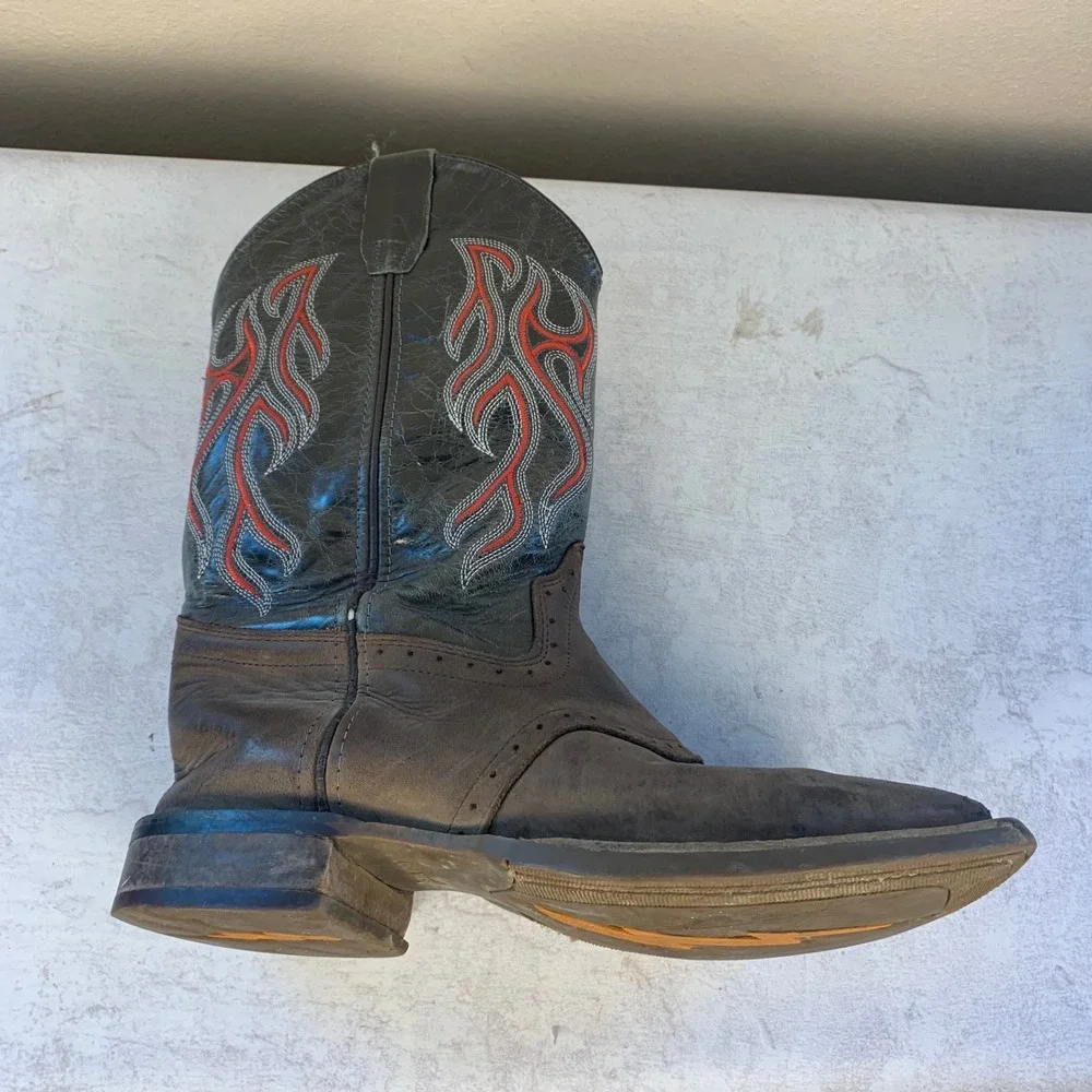 Old West Boys 5.5D Cowboy Boots Brown Leather Black Red Flame Embroidery BSY1868